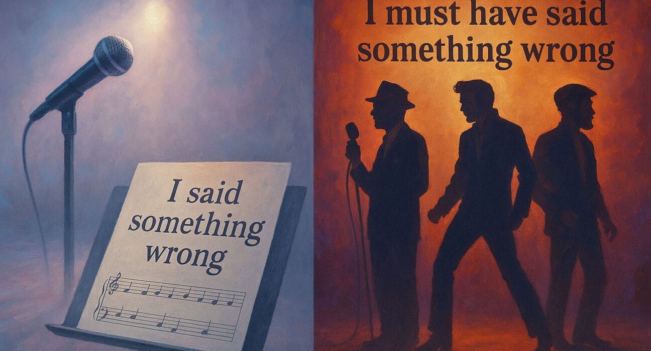 Illustration contrasting two song lyric variations: On the left, a microphone and music stand displaying the original lyric “I said something wrong”; on the right, silhouettes of three iconic male singers with the lyric “I must have said something wrong,” highlighting a subtle shift reflecting gender expectations.