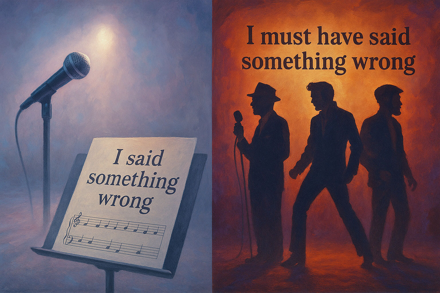 Illustration contrasting two song lyric variations: On the left, a microphone and music stand displaying the original lyric “I said something wrong”; on the right, silhouettes of three iconic male singers with the lyric “I must have said something wrong,” highlighting a subtle shift reflecting gender expectations.