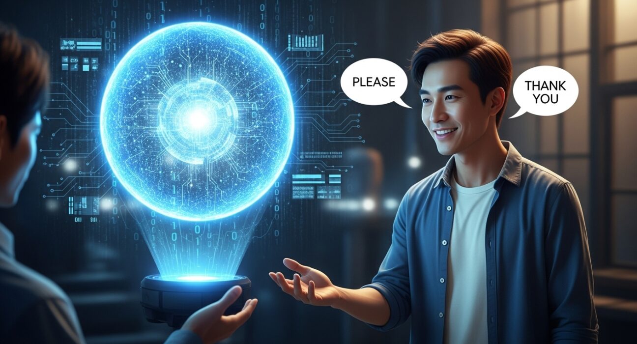 A smiling man says “please” and “thank you” to a glowing holographic AI interface, symbolizing polite human interaction with artificial intelligence.