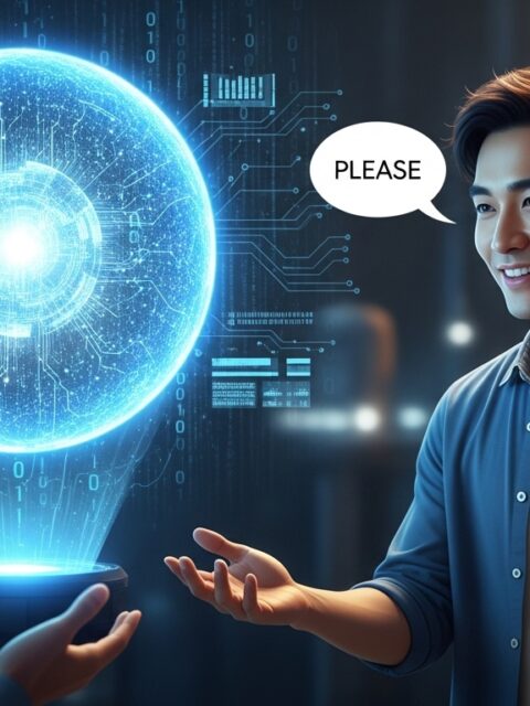 A smiling man says “please” and “thank you” to a glowing holographic AI interface, symbolizing polite human interaction with artificial intelligence.