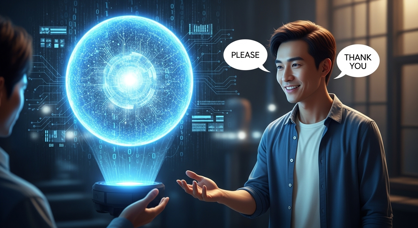 A smiling man says “please” and “thank you” to a glowing holographic AI interface, symbolizing polite human interaction with artificial intelligence.