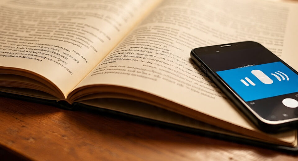 Open book on wooden table next to smartphone displaying audio player interface