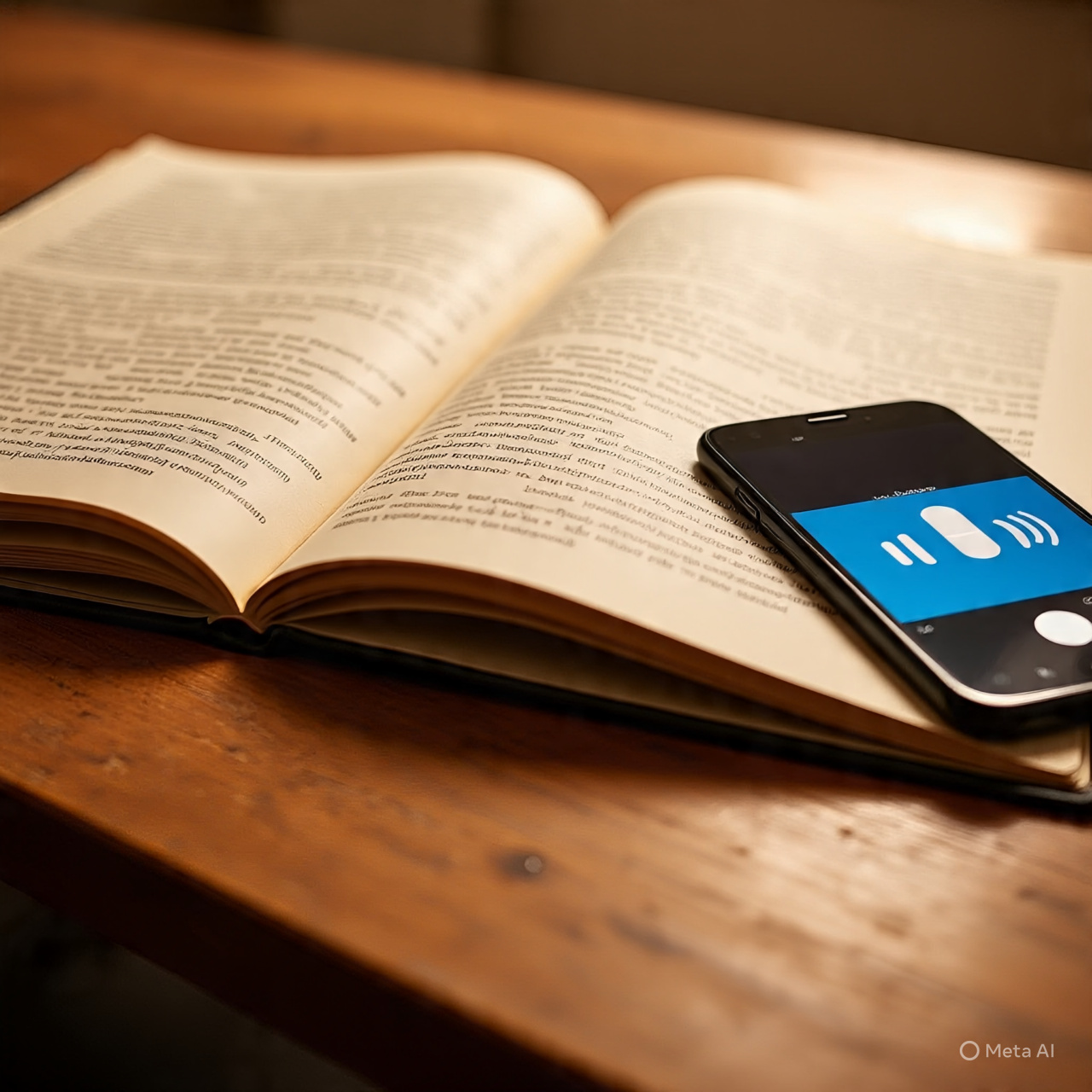 Open book on wooden table next to smartphone displaying audio player interface