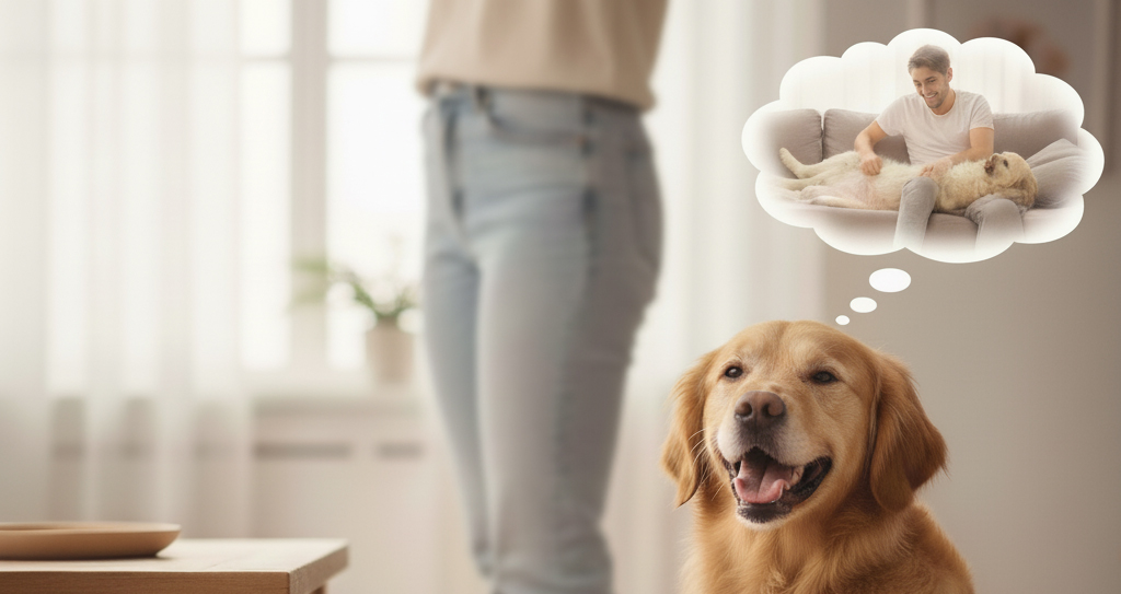 Golden retriever sitting indoors with a thought bubble showing person petting dog on couch